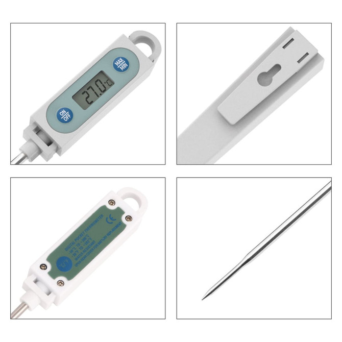 An instant read meat thermometer in white, featuring a long probe and a digital display. It includes a logo.