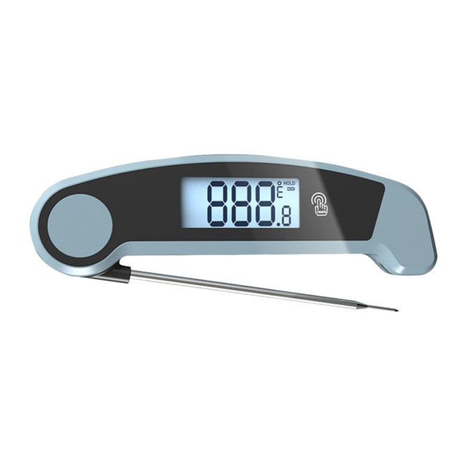 A digital instant read meat thermometer in blue with a stainless steel probe and a clear LCD display.