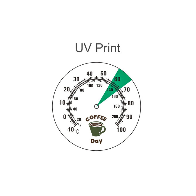 A round dial thermometer with a white background, black markings, and a green arrow indicating temperature, featuring a coffee graphic.