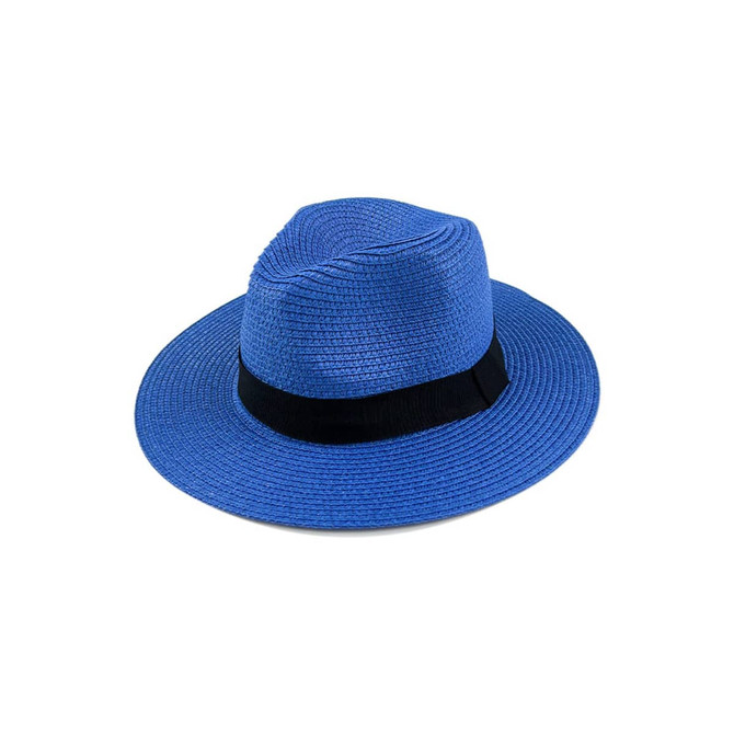 A blue Panama beach sun hat featuring a black band and a wide brim. It has a textured woven design.