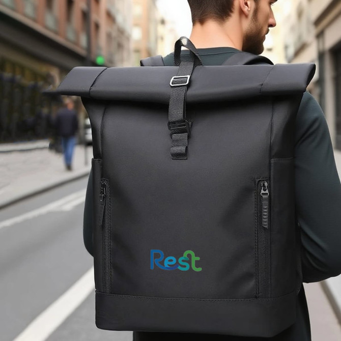 A black roll top laptop backpack with a logo, featuring side zippers and adjustable straps, worn by a person.