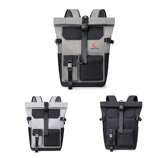 A roll top backpack featuring multiple pockets, available in grey and black with adjustable straps and a logo.