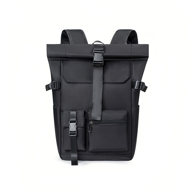 A black roll-top backpack with multiple pockets and adjustable straps, featuring a logo on the front.