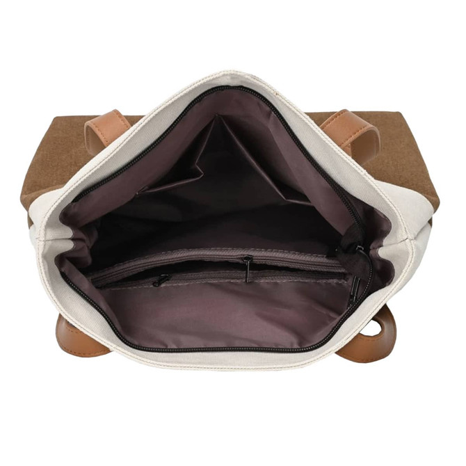 An interior view of a convertible canvas backpack to tote bag, featuring light fabric with dark brown compartments and leather straps.