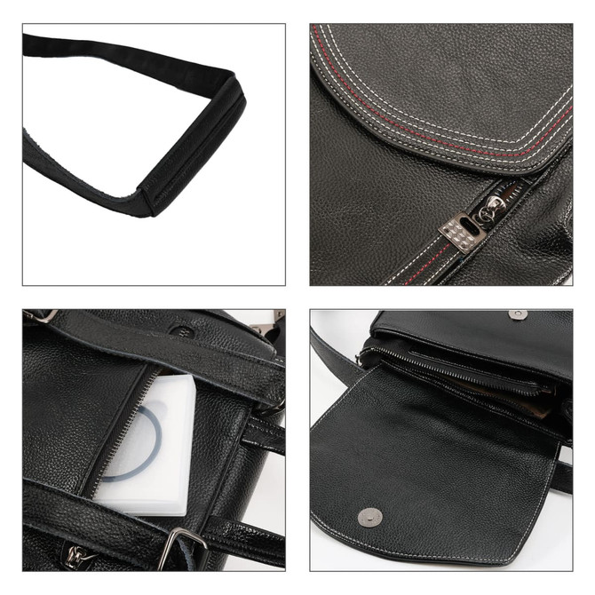 A black leather convertible backpack with a zippered pocket and adjustable strap, featuring a simple, elegant design.