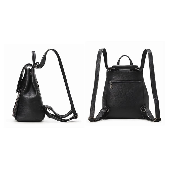 A convertible leather backpack in black, featuring adjustable straps and a zippered pocket on the back.