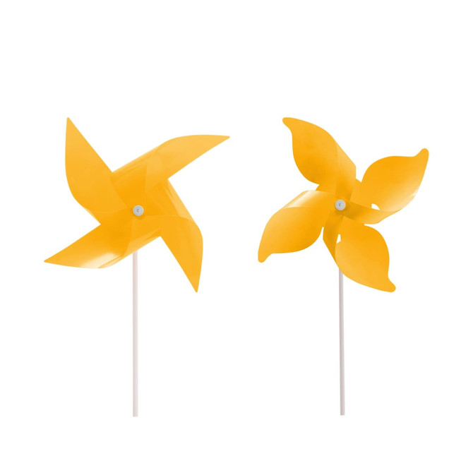 A yellow four-leaf pinwheel with a white stick, featuring two designs in a playful, vibrant style.