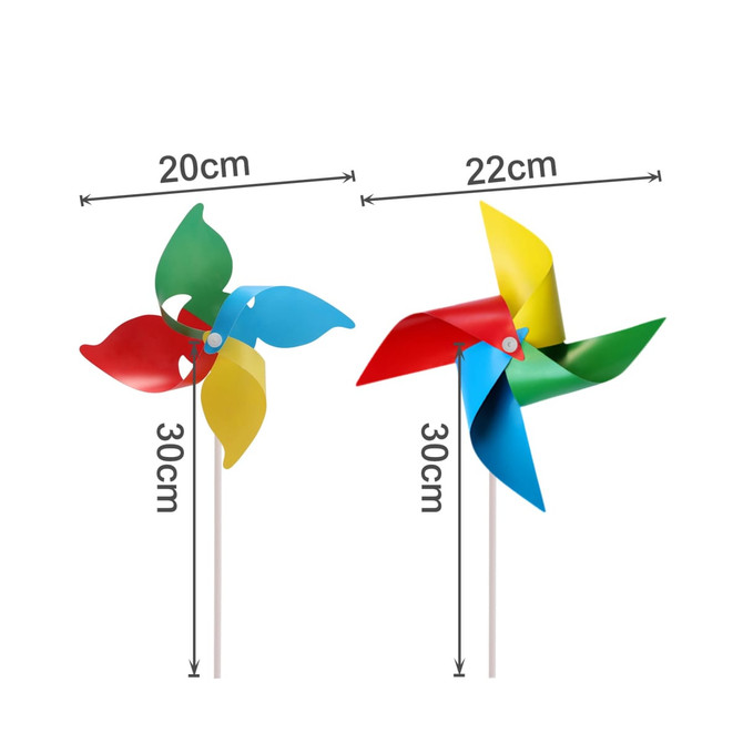 A four-leaf pinwheel in red, blue, green, and yellow with dimensions of 20cm and 22cm. It features a central hub.