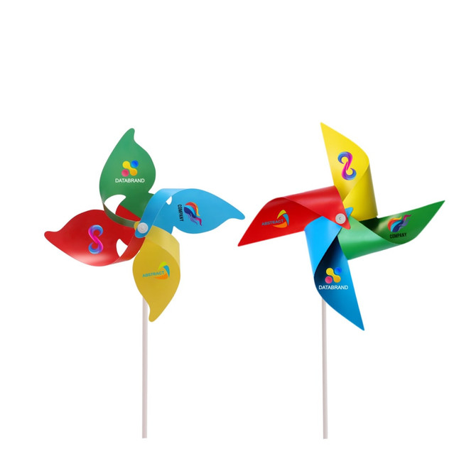 A colourful four-leaf pinwheel featuring red, yellow, green, and blue blades, attached to a white stick, with a logo.