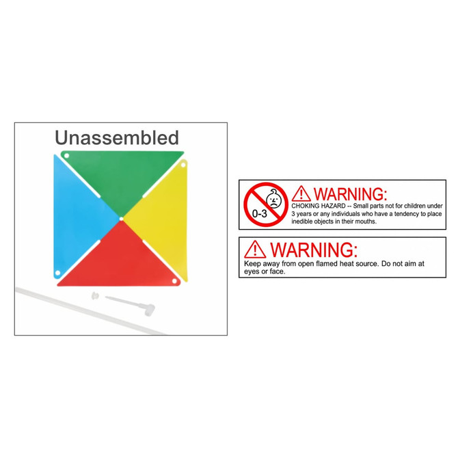 A four-leaf pinwheel in red, blue, green, and yellow, unassembled with assembly parts displayed.