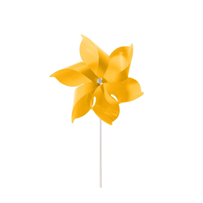 A yellow six-leaf pinwheel with a white stick base. It features a central pin for spinning.