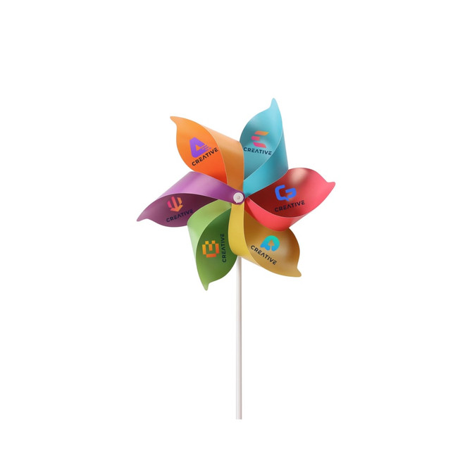 A six-leaf pinwheel featuring colourful blades in orange, pink, green, and blue, mounted on a white handle.