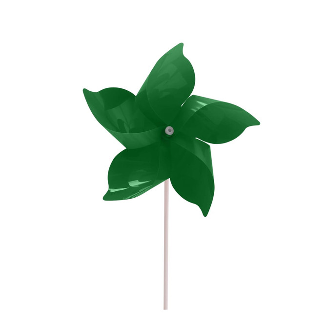 A five-leaf pinwheel in vibrant green with a white stick, designed for outdoor decoration.