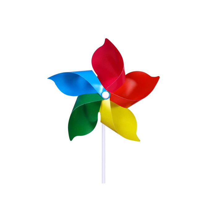 A five-leaf pinwheel featuring red, blue, green, and yellow blades on a white pole, with a central hub.