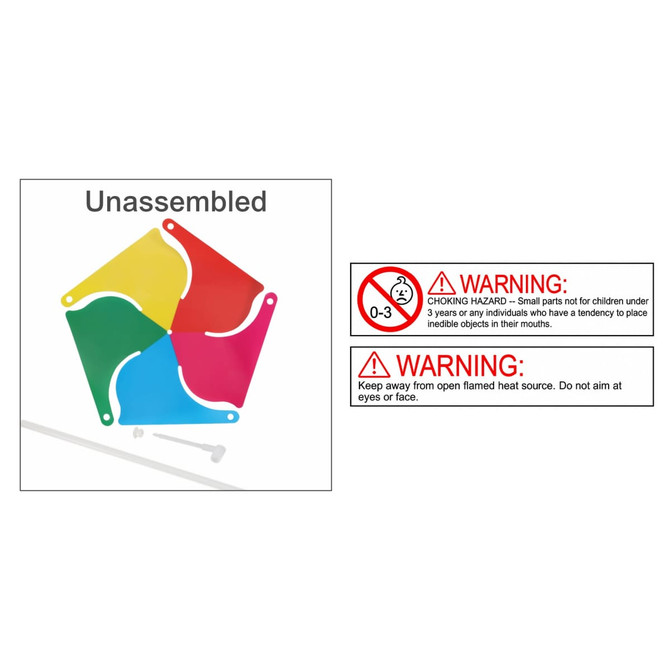A five-leaf pinwheel in red, yellow, green, and blue, featuring a branding logo, presented unassembled.