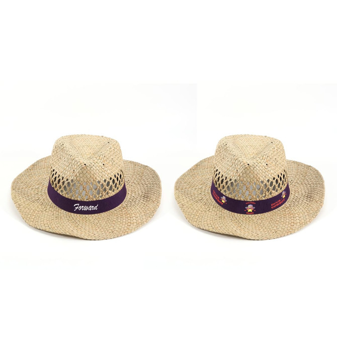 A straw cowboy hat with a wide brim, featuring a purple band and a logo. Light tan colour with woven design.