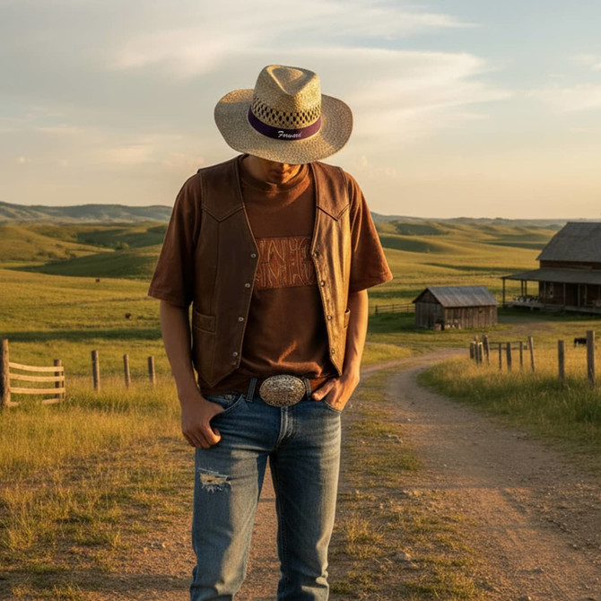 A cowboy straw hat with a wide brim in light tan, worn by a person standing on a dirt path in a rural landscape.