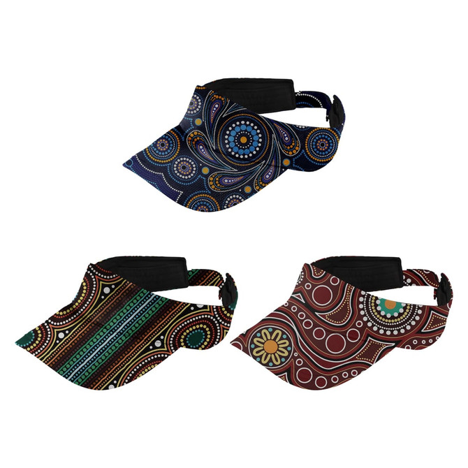 A full sublimation visor featuring three designs: navy with swirls, green with stripes, and maroon with circular patterns.
