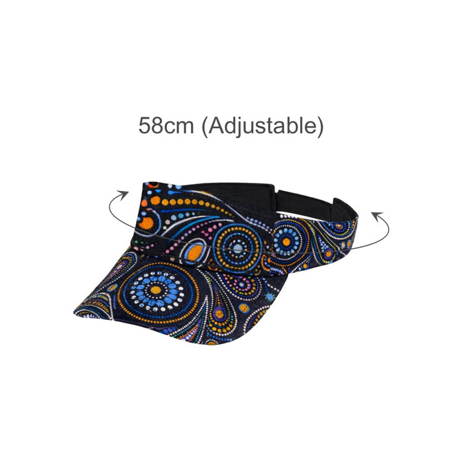 A black visors with a colourful patterned design, featuring an adjustable strap for size fitting.