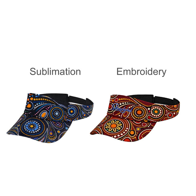 Two visors are displayed: one in blue with a sublimation pattern and the other in red with an embroidered design. Both feature a logo.