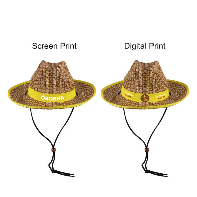 A Western straw hat featuring a woven design, yellow band, and adjustable chin strap. Two printing styles are visible.