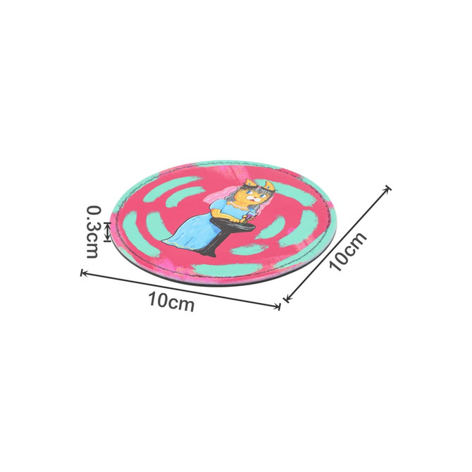 A round PU coaster, 10cm in diameter, featuring a colourful design with a cartoon character on a pink background.