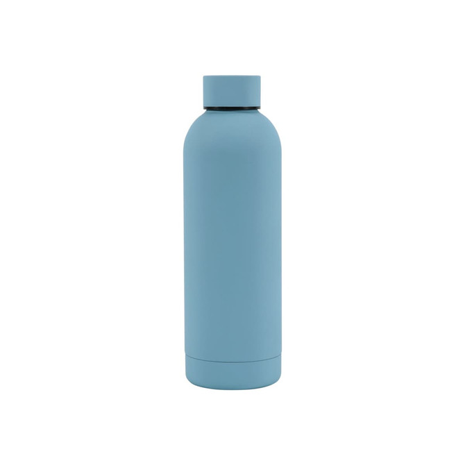 A drink bottle in a soft blue finish, featuring a rubber coating and a double wall design. It has a small logo.