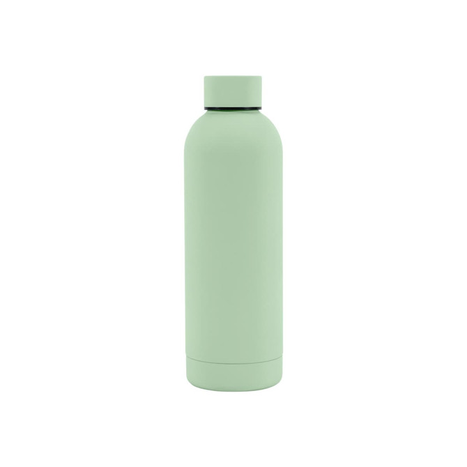 A drink bottle in a soft mint green colour with a rubber-coated finish and a double wall design. Features a logo.