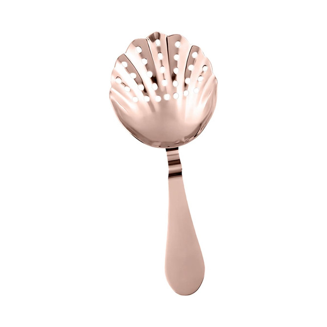 A rose gold bar strainer featuring a shell-shaped design with perforations for straining drinks.