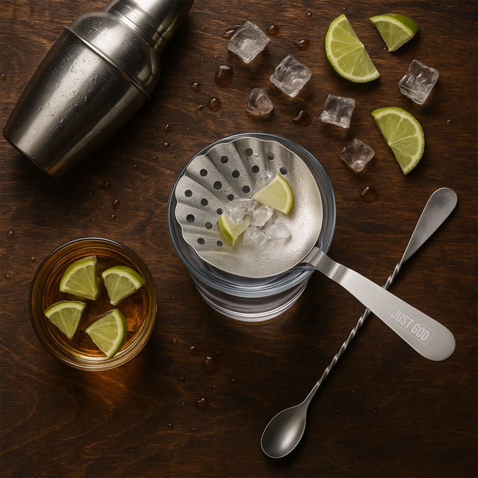 A stainless steel bar strainer with a sleek design, accompanied by lime wedges, ice cubes, and a cocktail shaker.