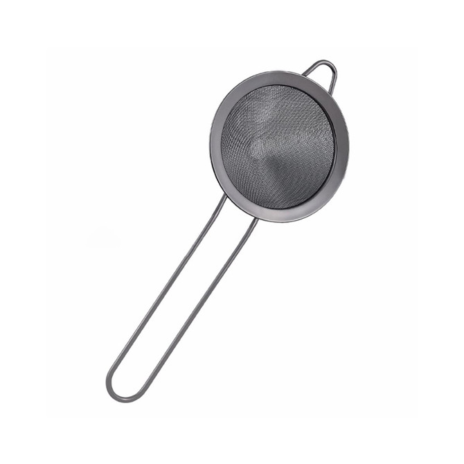 A bar mesh strainer with a circular metal frame and fine mesh, featuring two elongated handles.