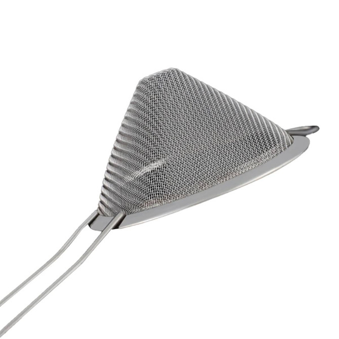 A stainless steel bar mesh strainer with a conical shape and two handles, featuring a logo.