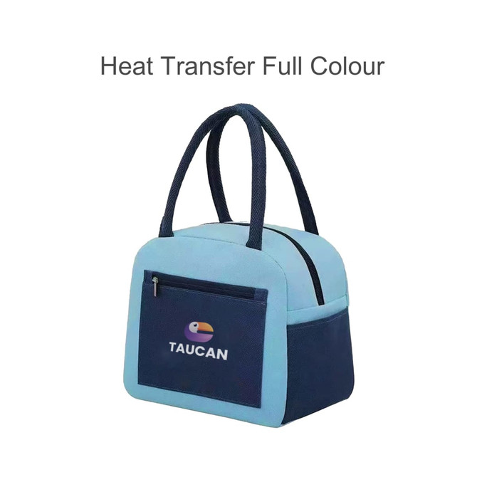 A light blue and navy insulated lunch bag with a front pocket and two handles, featuring a logo.