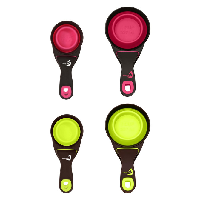A set of collapsible pet food scoops in pink and lime green, featuring a logo on the handle.