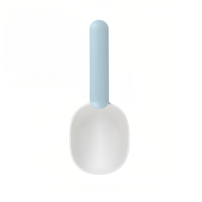 A pet food scoop in white with a light blue handle, featuring a simple, functional design and a logo.