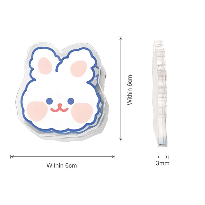 Acrylic UV print clip in the shape of a cute bunny, featuring soft colours and a clear border. Dimensions are 6cm x 3mm.