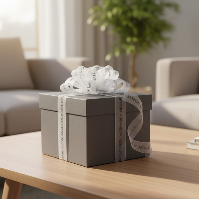 A grey gift box tied with a soft, white ribbon featuring a decorative bow, set on a wooden table.