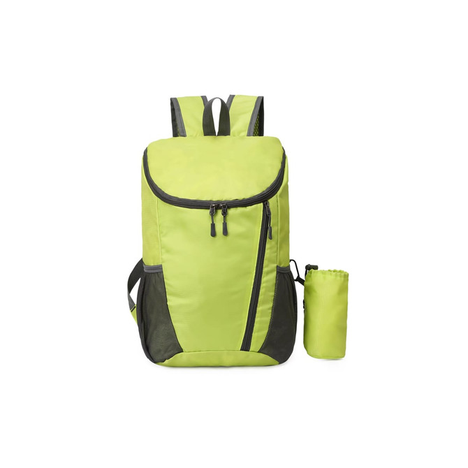 A packable travel backpack in bright lime green with black accents and a matching storage pouch.