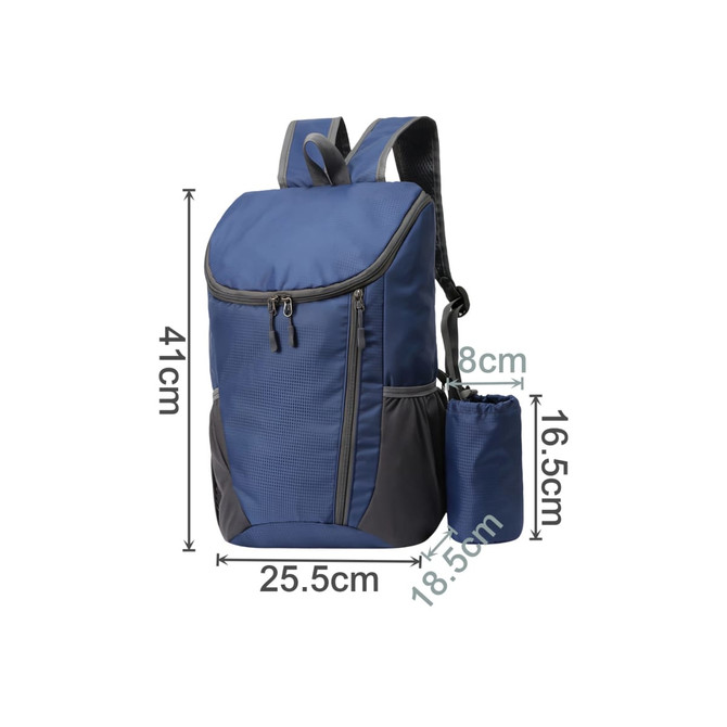 A blue and grey packable travel backpack with dimensions indicated, featuring a drawstring pouch attached.