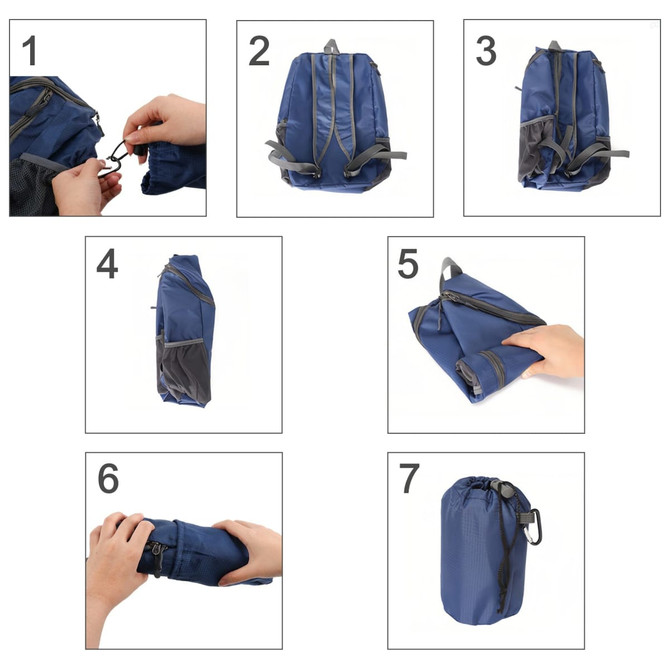 A packable travel backpack in navy blue being folded and secured, demonstrating its compact storage features.