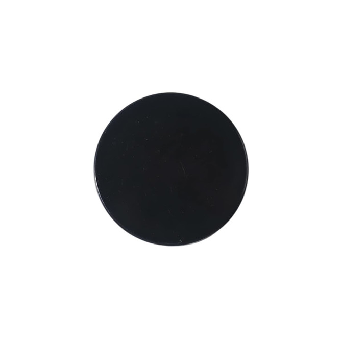 A double-sided round mirror in black, featuring a smooth, reflective surface. It includes a logo.