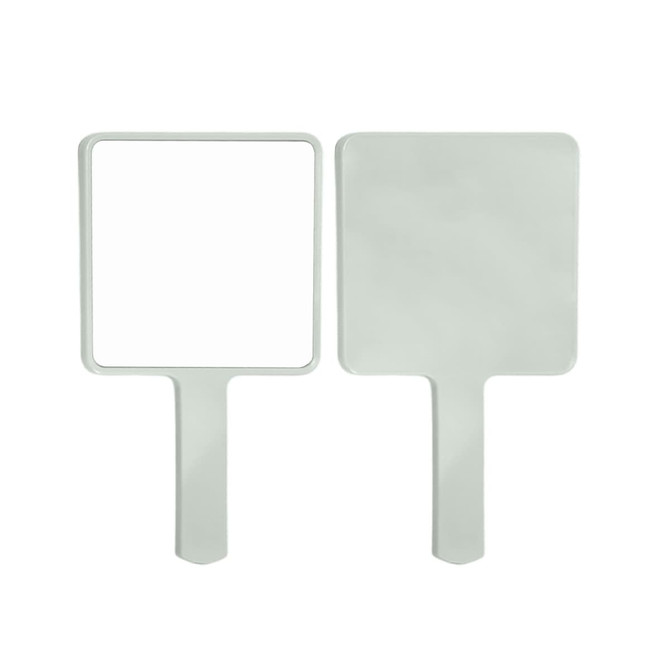 A handheld square mirror in a light grey finish with a plain reflective surface and a handle.