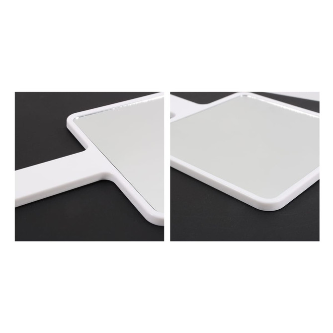 A handheld square mirror with a white frame, shown from two angles on a dark background.