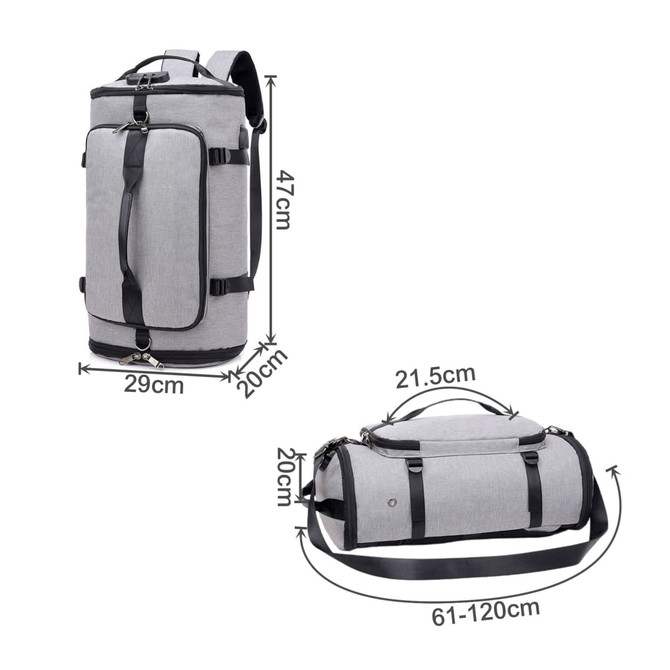 A grey convertible bucket backpack duffel bag with adjustable straps and multiple compartments. Features a logo.