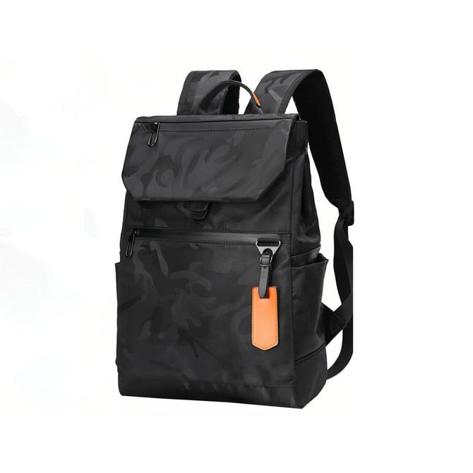 A black camo-patterned laptop backpack with two shoulder straps and an orange accent. It features multiple pockets and a front flap.