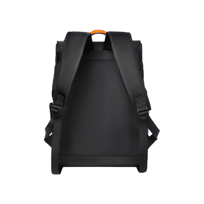 A black Flap Laptop Backpack with adjustable straps and a contrasting orange handle on top.