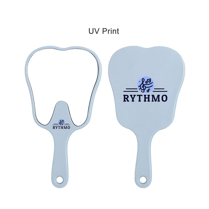 A tooth-shaped face mirror in light blue, featuring a handle and a logo on one side.