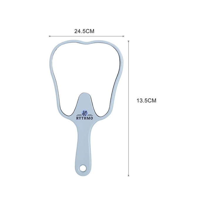 A tooth-shaped face mirror in white, featuring a branding logo and measuring 24.5 cm by 13.5 cm.