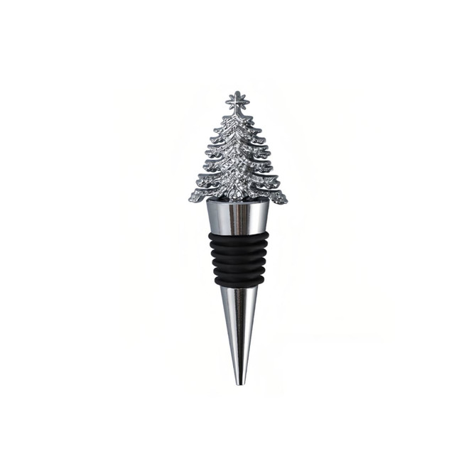 A drink bottle stopper shaped like a silver Christmas tree with a black rubber base, featuring a logo.