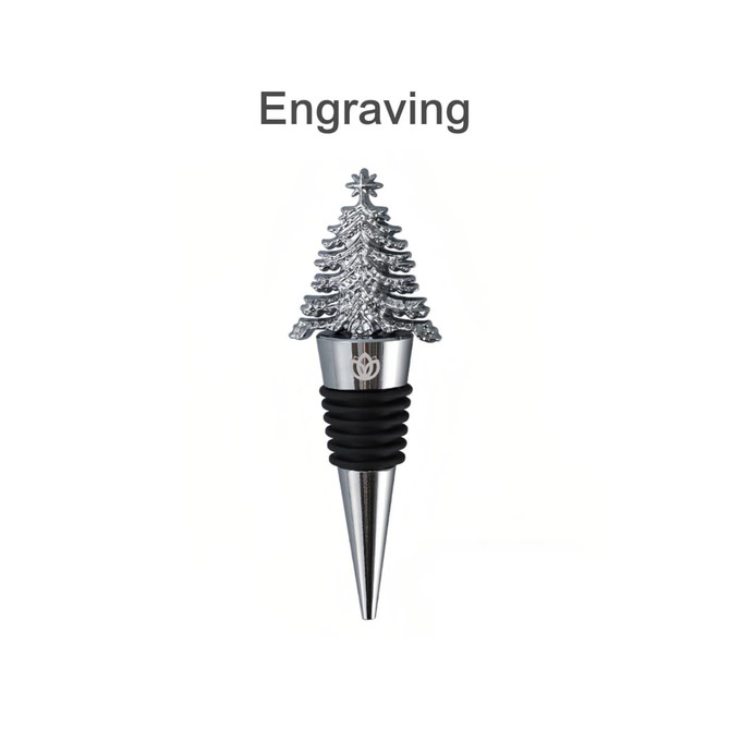 A wine stopper featuring a silver Christmas tree design atop a metallic base with a black rubber ring.